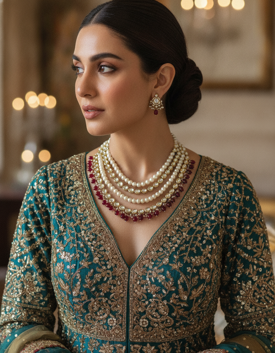 Layla · Multi · strand Kundan Pearl Ruby Necklace | Allure Jewelry by Rushi