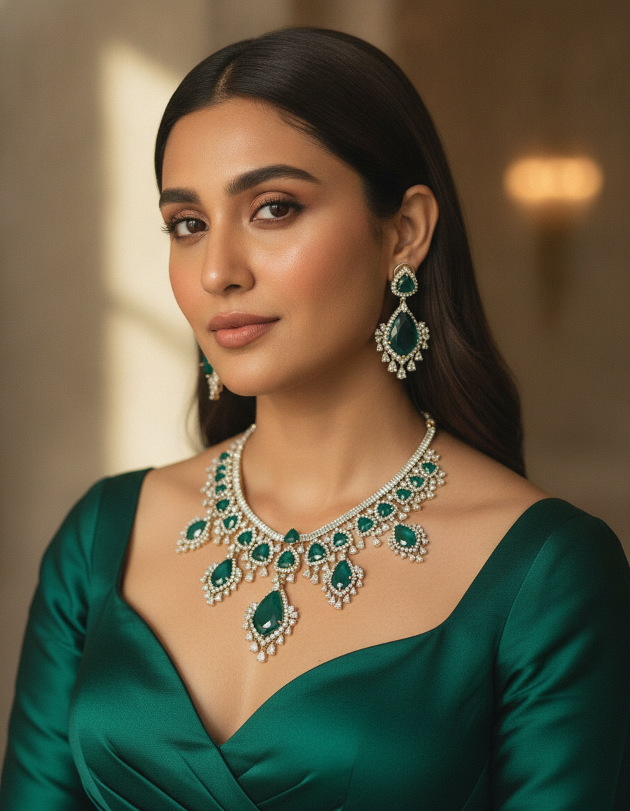 Layla · Emerald Green AD Necklace Set | Allure Jewelry by Rushi