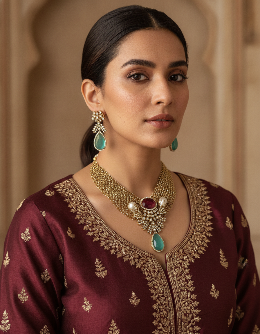 Jasleen · Red Green AD Necklace Set | Allure Jewelry by Rushi