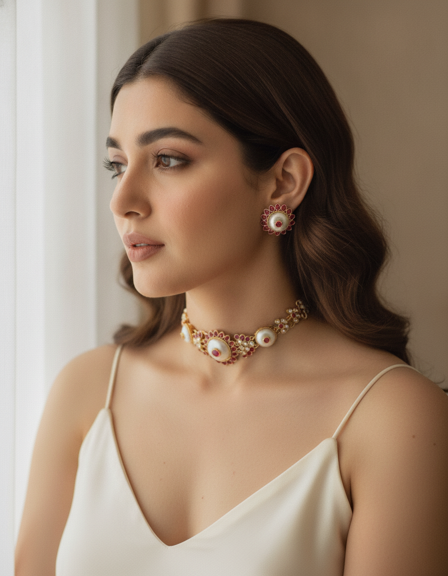 Mahira · Gold Pearl Ruby Choker Set | Allure Jewelry by Rushi
