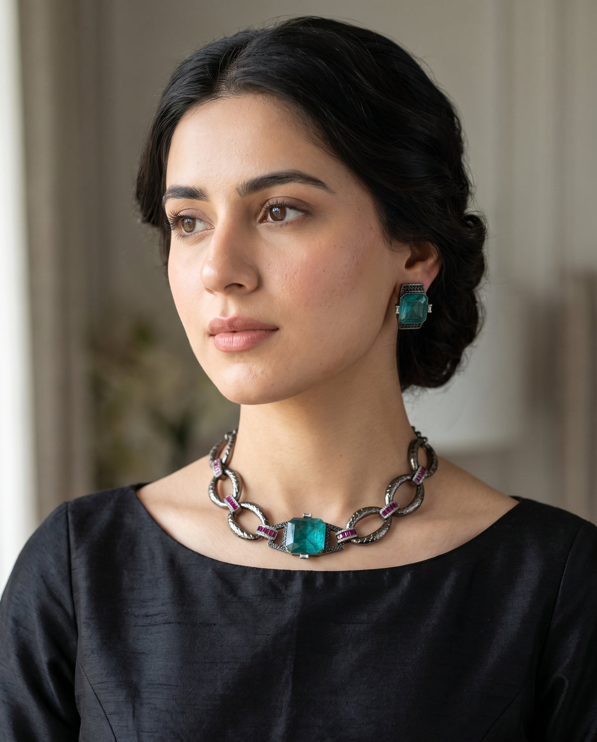 Anaya · Gunmetal Teal Ruby AD Necklace Set — styled on model | Allure Jewelry by Rushi