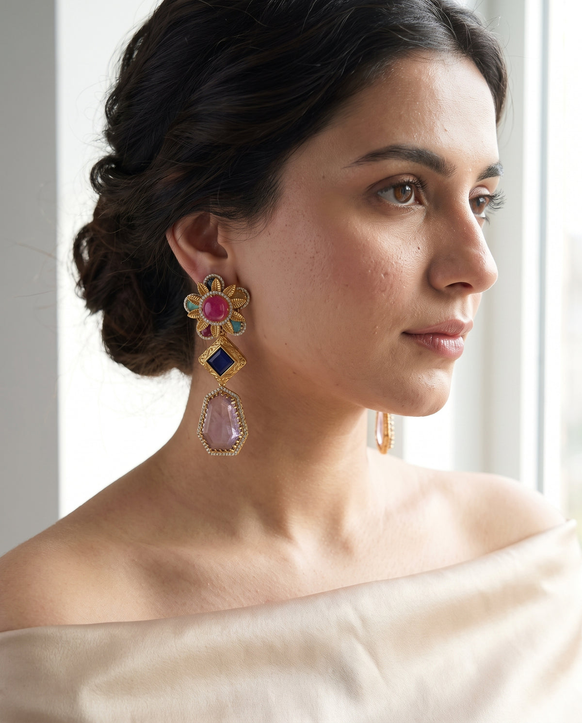 Tanvi · Floral Multi · Stone Earrings — styled on model | Allure Jewelry by Rushi