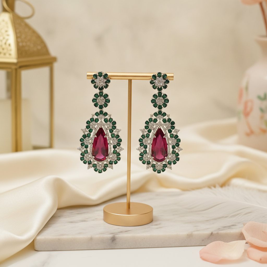 Leela · Red Emerald AD Chandelier Earrings | Allure Jewelry by Rushi
