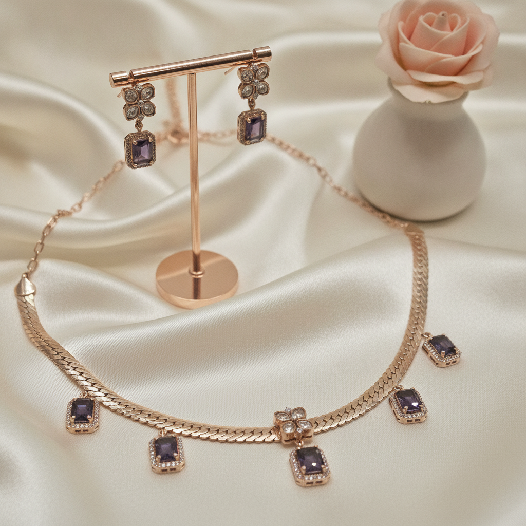Priya · Rose Gold Amethyst AD Set | Allure Jewelry by Rushi