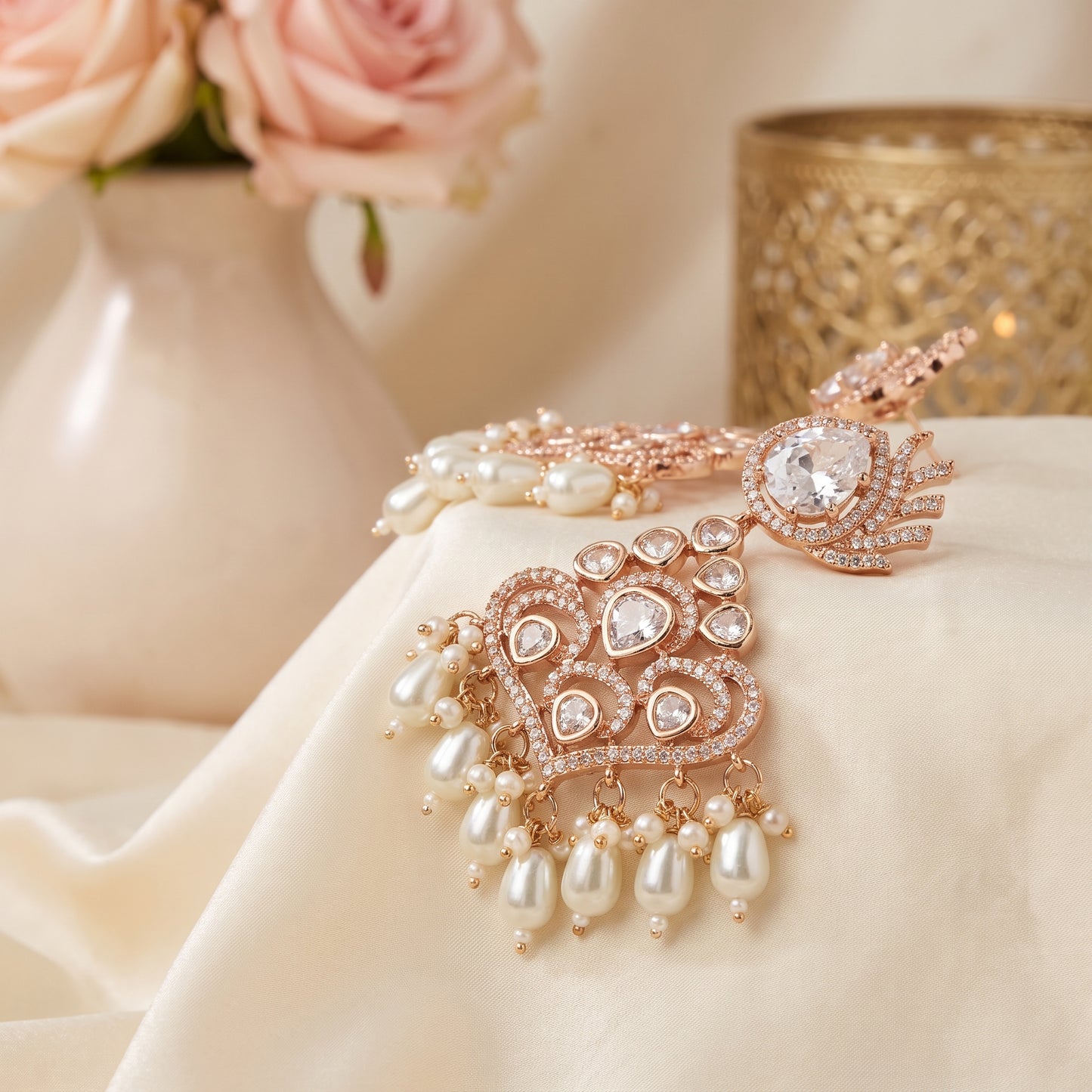 Hira · Rose Gold AD Pearl Jhumkas | Allure Jewelry by Rushi