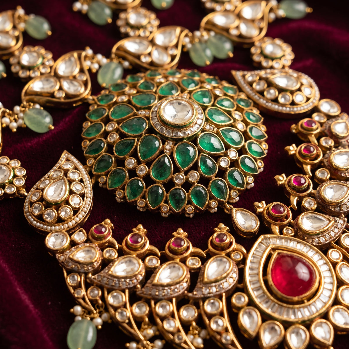 Zara · Emerald Ruby Kundan Set necklace set — studio detail | Allure Jewelry by Rushi