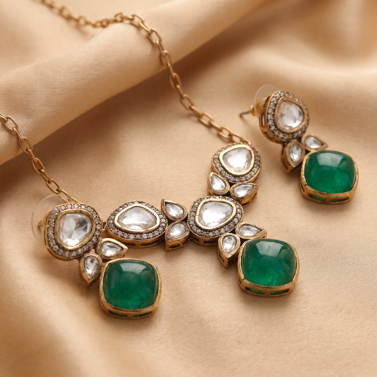 Simran · Gold Polki Emerald Necklace Set — studio detail | Allure Jewelry by Rushi