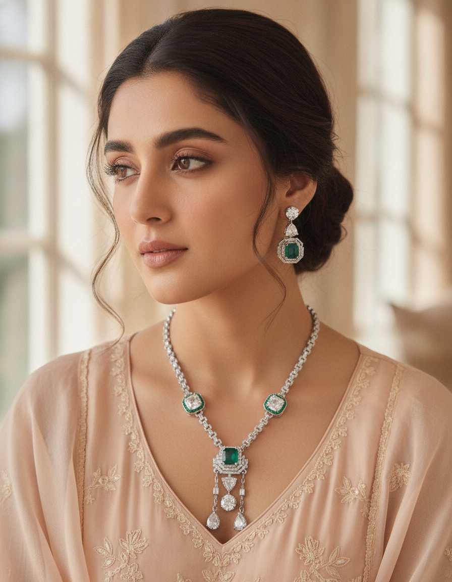 Layla · Emerald Silver Necklace Set | Allure Jewelry by Rushi