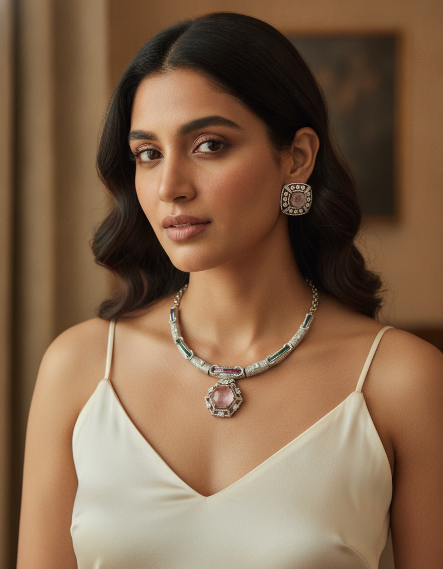 Amira · AD Pink Stone Necklace Set | Allure Jewelry by Rushi