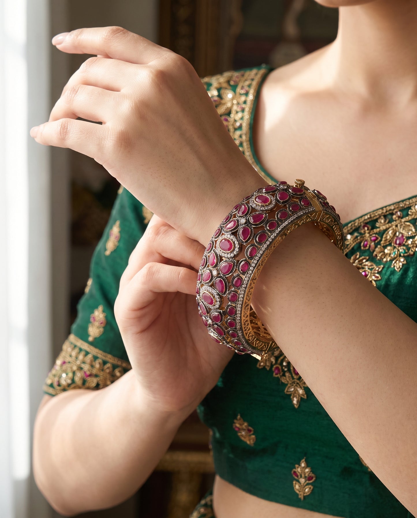 Jia · Antique Gold Ruby AD Bangle | Allure Jewelry by Rushi