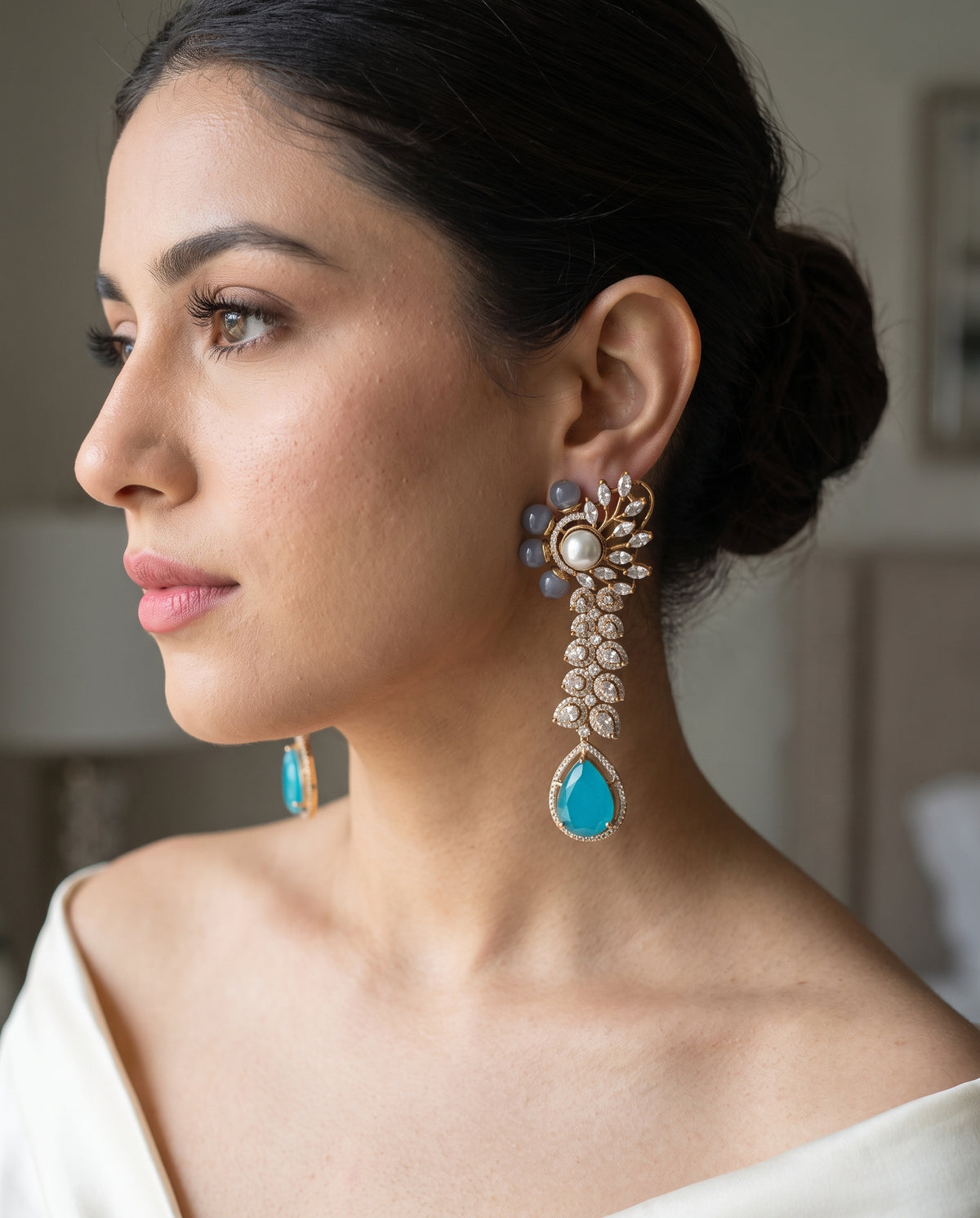 Hibba · Gold Turquoise AD Pearl Chandelier Earrings — styled on model | Allure Jewelry by Rushi