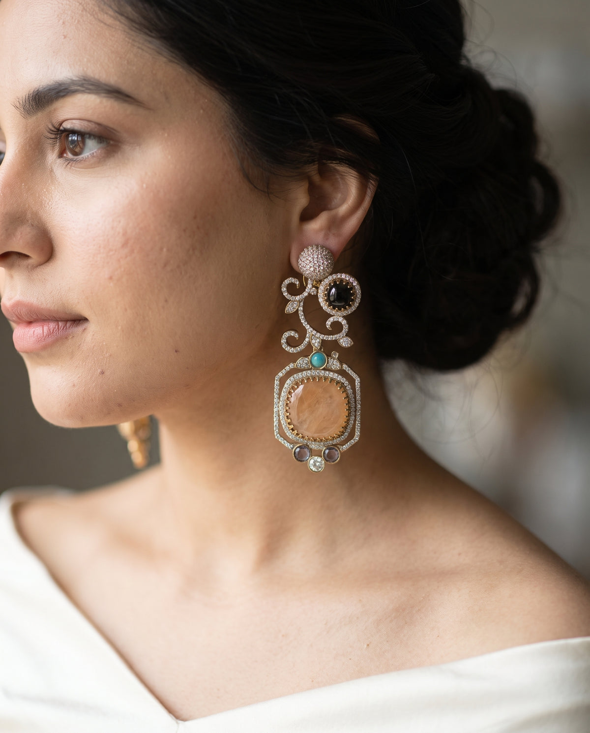 Zoya · Peach Black AD Dangle Earrings — styled on model | Allure Jewelry by Rushi