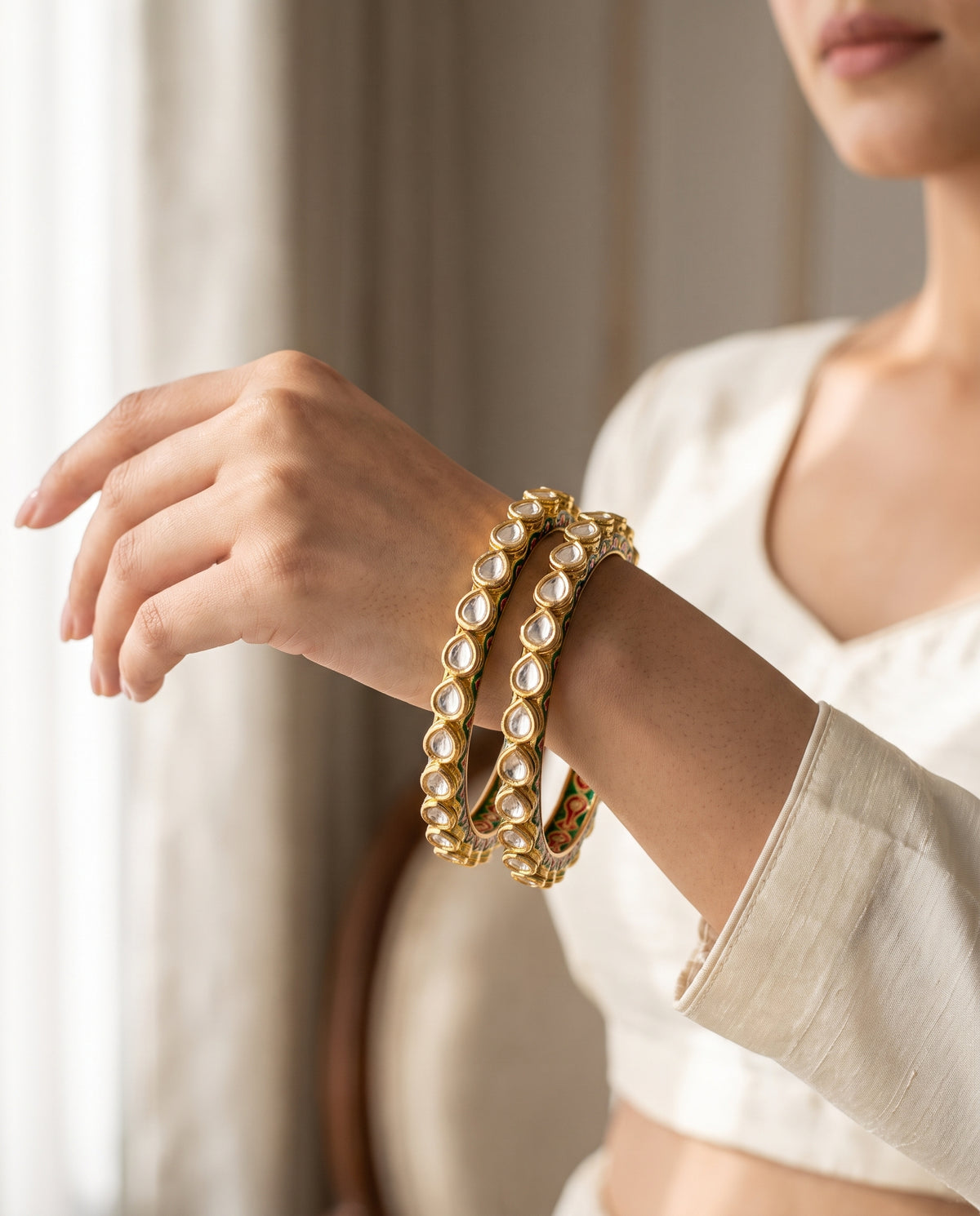 Sukhmani · Gold Polki Meenakari Bangles — styled on model | Allure Jewelry by Rushi