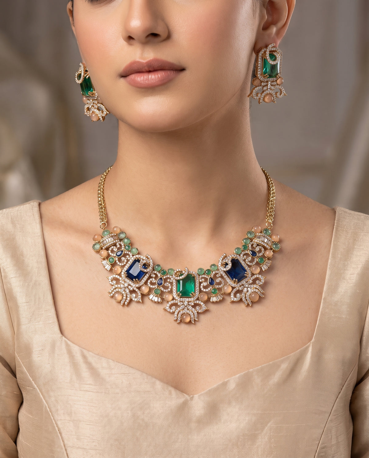 Mahira · Emerald Blue AD Necklace Set — styled on model | Allure Jewelry by Rushi