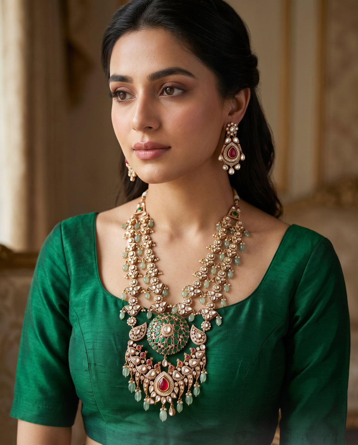 Zara · Emerald Ruby Kundan Set necklace set — styled on model | Allure Jewelry by Rushi