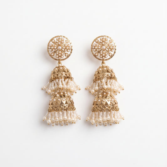 Shreya · Gold Pearl Jhumkas earrings — pure white studio view | Allure Jewelry by Rushi