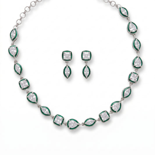 Rhea · Silver Green AD Necklace Set — pure white studio view | Allure Jewelry by Rushi