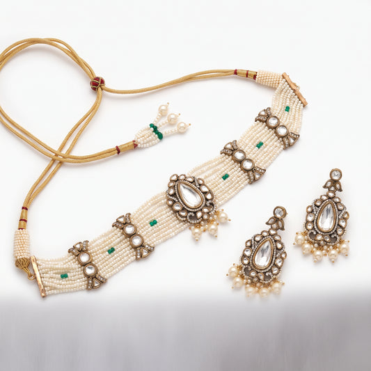 Lina · Pearl Polki Choker Set necklace set — pure white studio view | Allure Jewelry by Rushi
