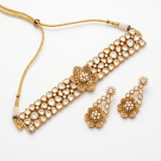 Aria · Gold Polki Pearl Choker Set necklace set — pure white studio view | Allure Jewelry by Rushi