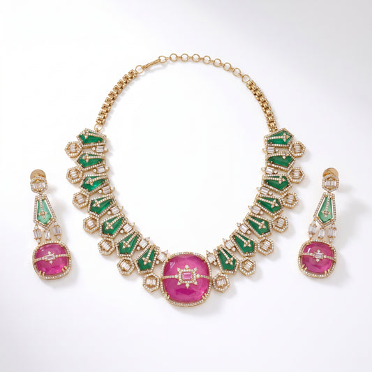 Bushra · Pink Green AD Necklace Set — pure white studio view | Allure Jewelry by Rushi