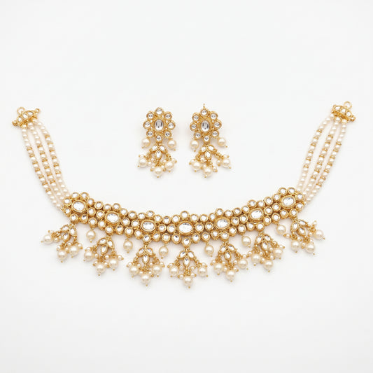 Sarika · Gold Kundan Pearl Necklace Set — pure white studio view | Allure Jewelry by Rushi