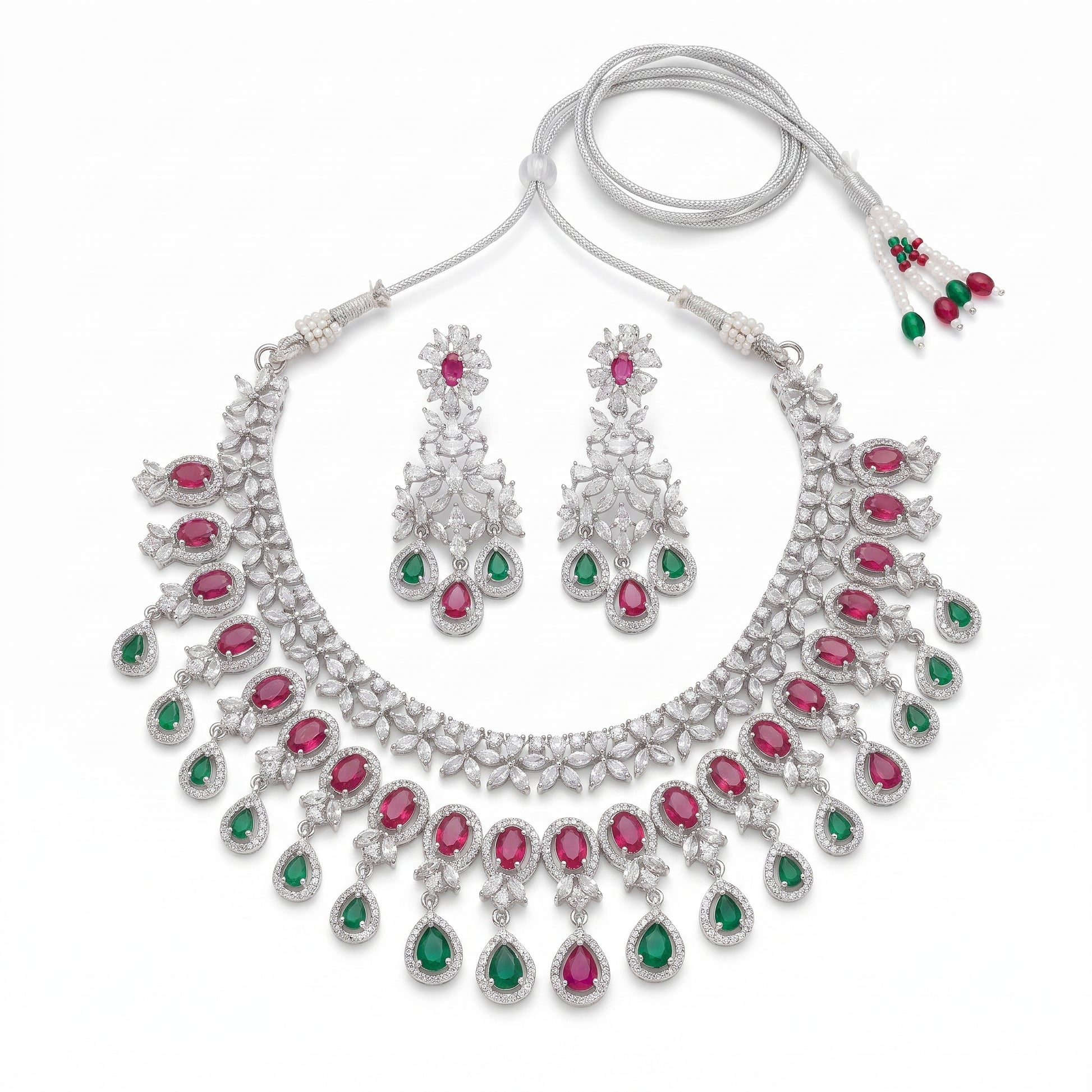 Bisma · Ruby Emerald AD Necklace Set — pure white studio view | Allure Jewelry by Rushi