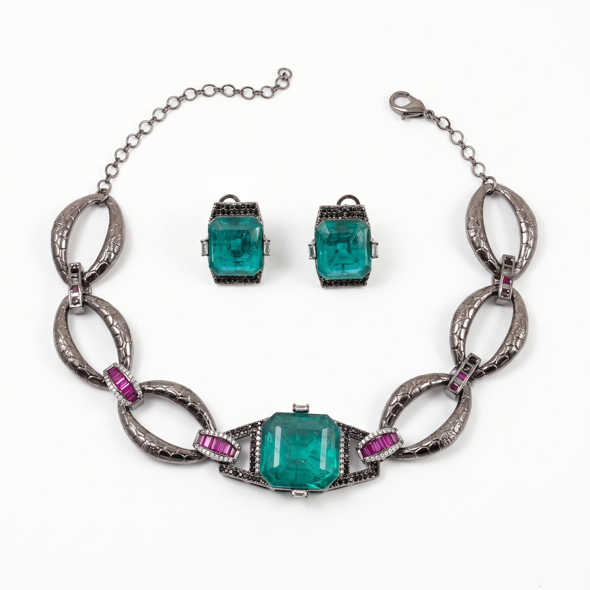 Anaya · Gunmetal Teal Ruby AD Necklace Set — pure white studio view | Allure Jewelry by Rushi