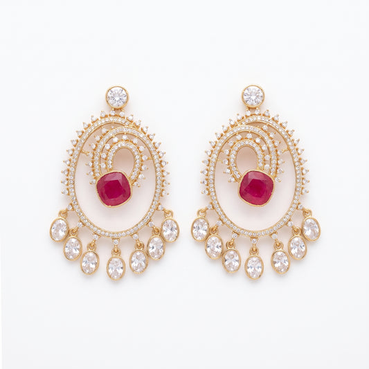 Mehr · Gold Ruby AD Crescent Earrings — pure white studio view | Allure Jewelry by Rushi