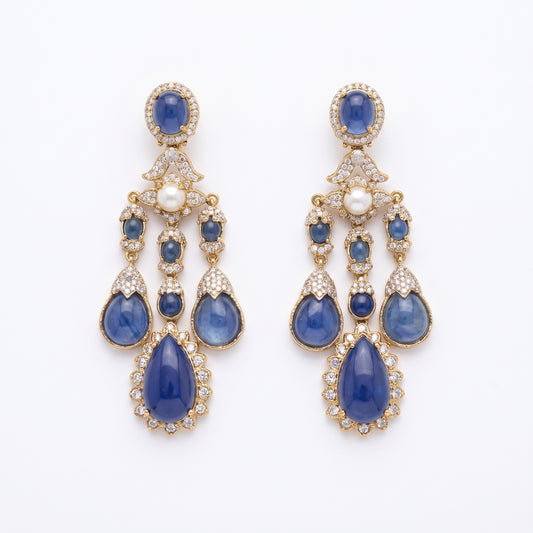 Lina · Blue Cabochon Chandelier Earrings — pure white studio view | Allure Jewelry by Rushi