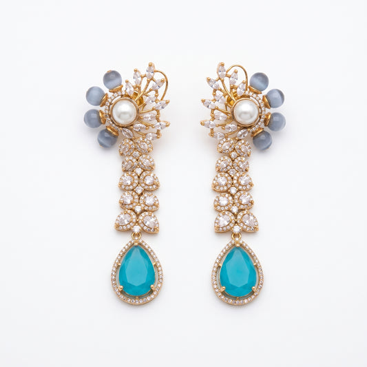 Hibba · Gold Turquoise AD Pearl Chandelier Earrings — pure white studio view | Allure Jewelry by Rushi