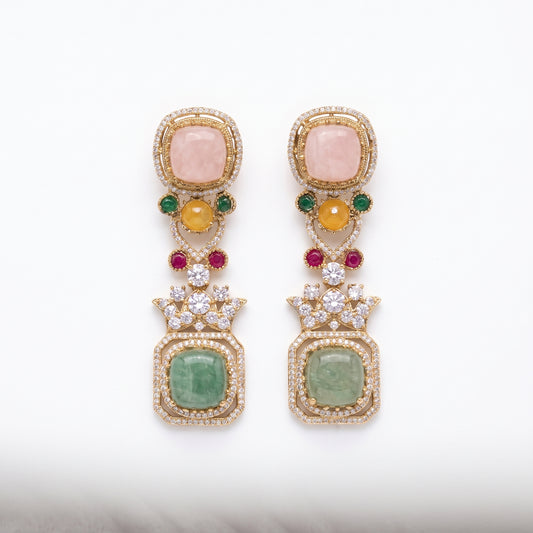 Neha · Gold Multi · Stone AD Drop Earrings — pure white studio view | Allure Jewelry by Rushi
