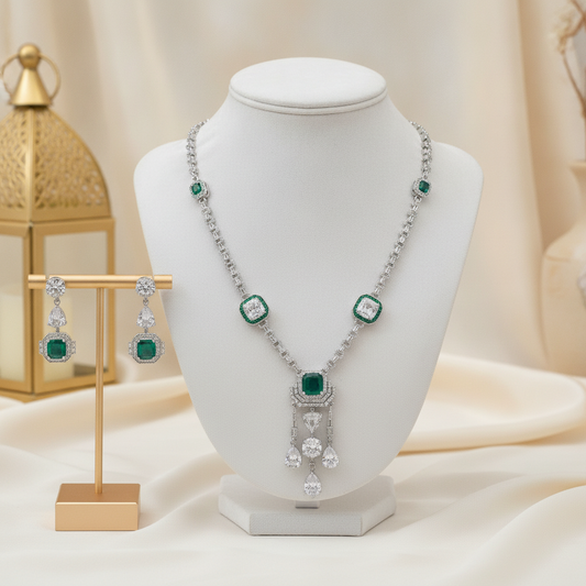 Layla · Emerald Silver Necklace Set | Allure Jewelry by Rushi