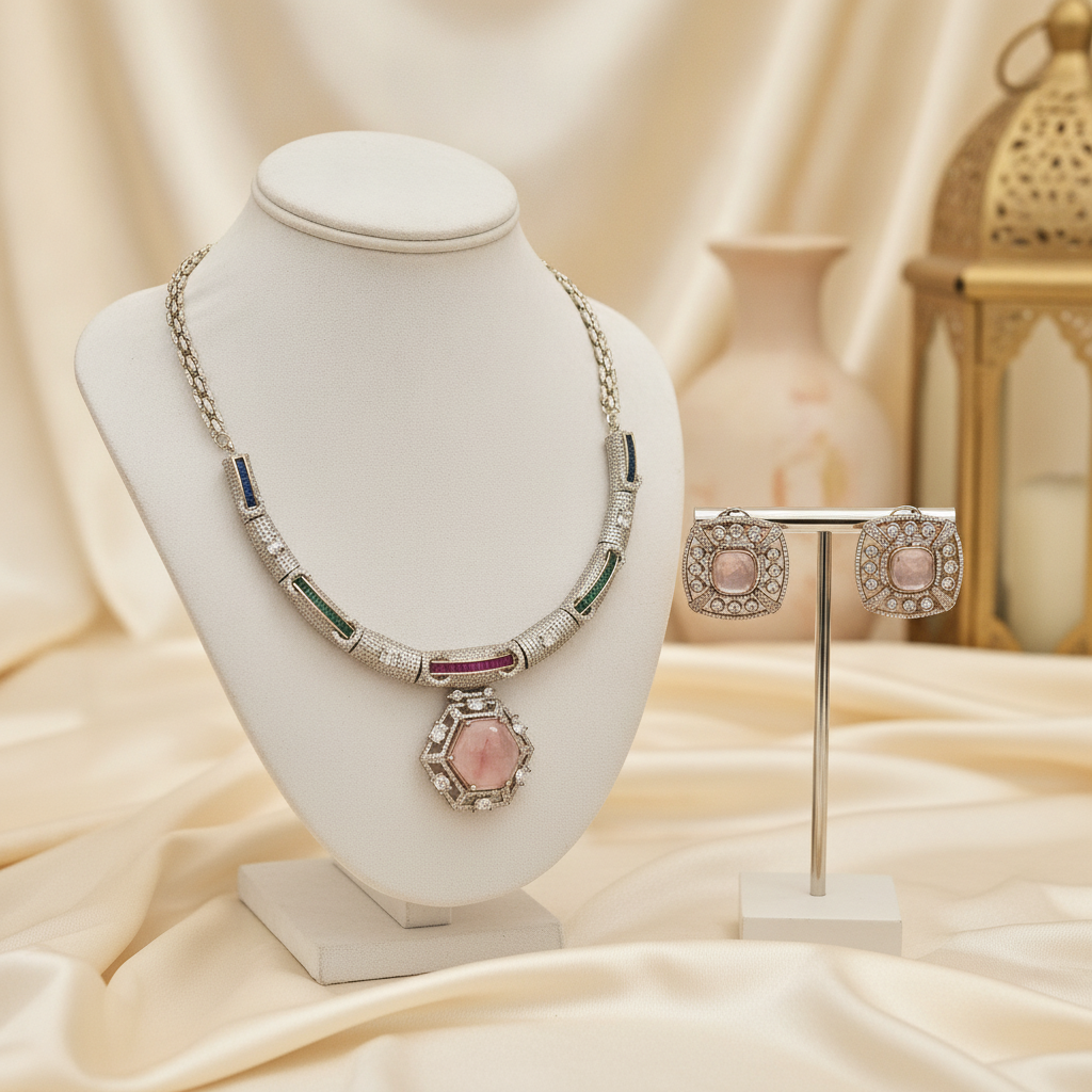 Amira · AD Pink Stone Necklace Set | Allure Jewelry by Rushi