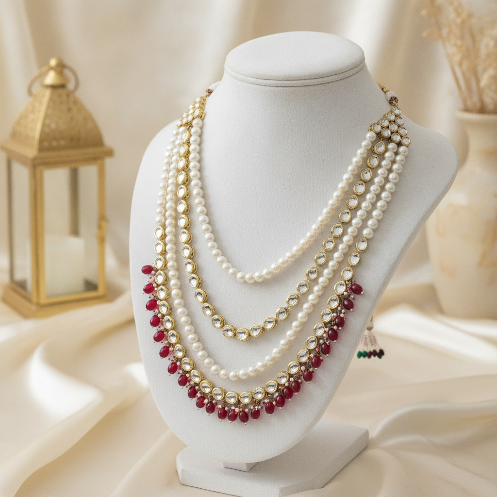 Layla · Multi · strand Kundan Pearl Ruby Necklace | Allure Jewelry by Rushi