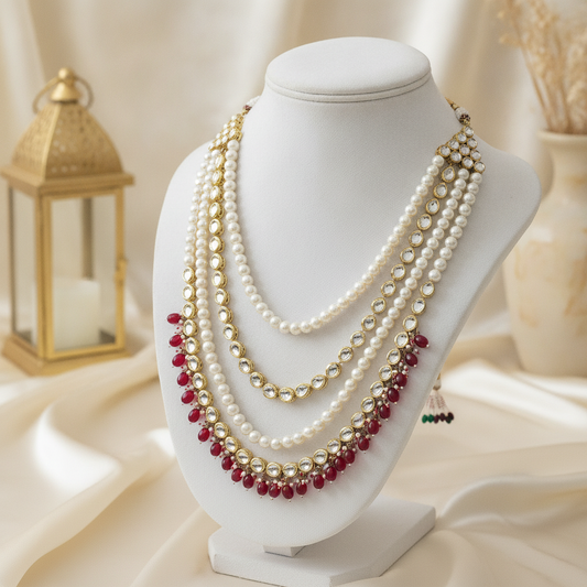 Layla · Multi · strand Kundan Pearl Ruby Necklace | Allure Jewelry by Rushi