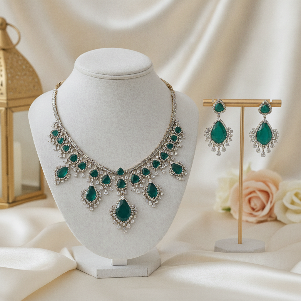 Layla · Emerald Green AD Necklace Set | Allure Jewelry by Rushi