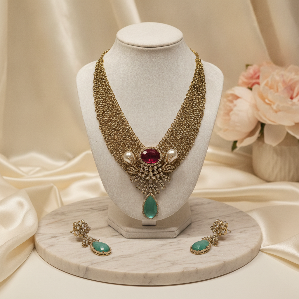 Jasleen · Red Green AD Necklace Set | Allure Jewelry by Rushi
