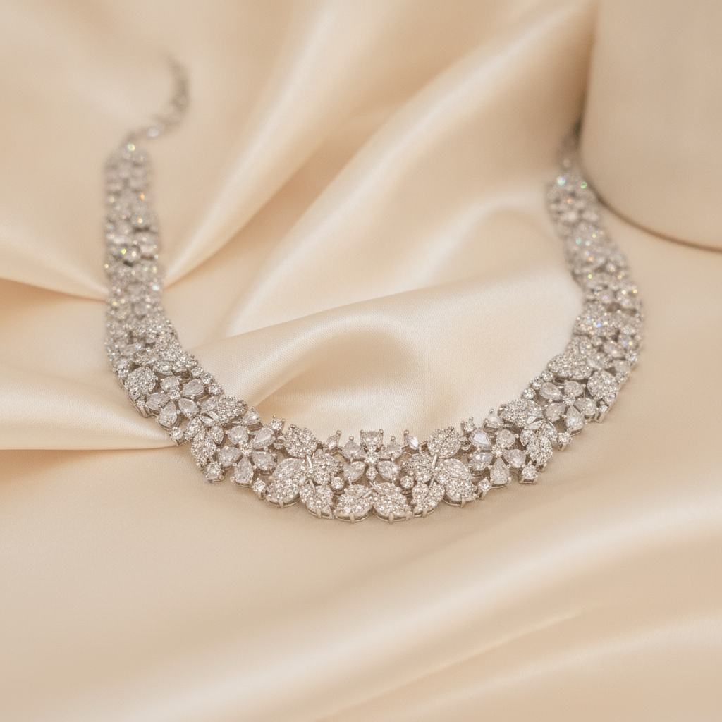 Jyoti · Silver AD Floral Necklace Set | Allure Jewelry by Rushi
