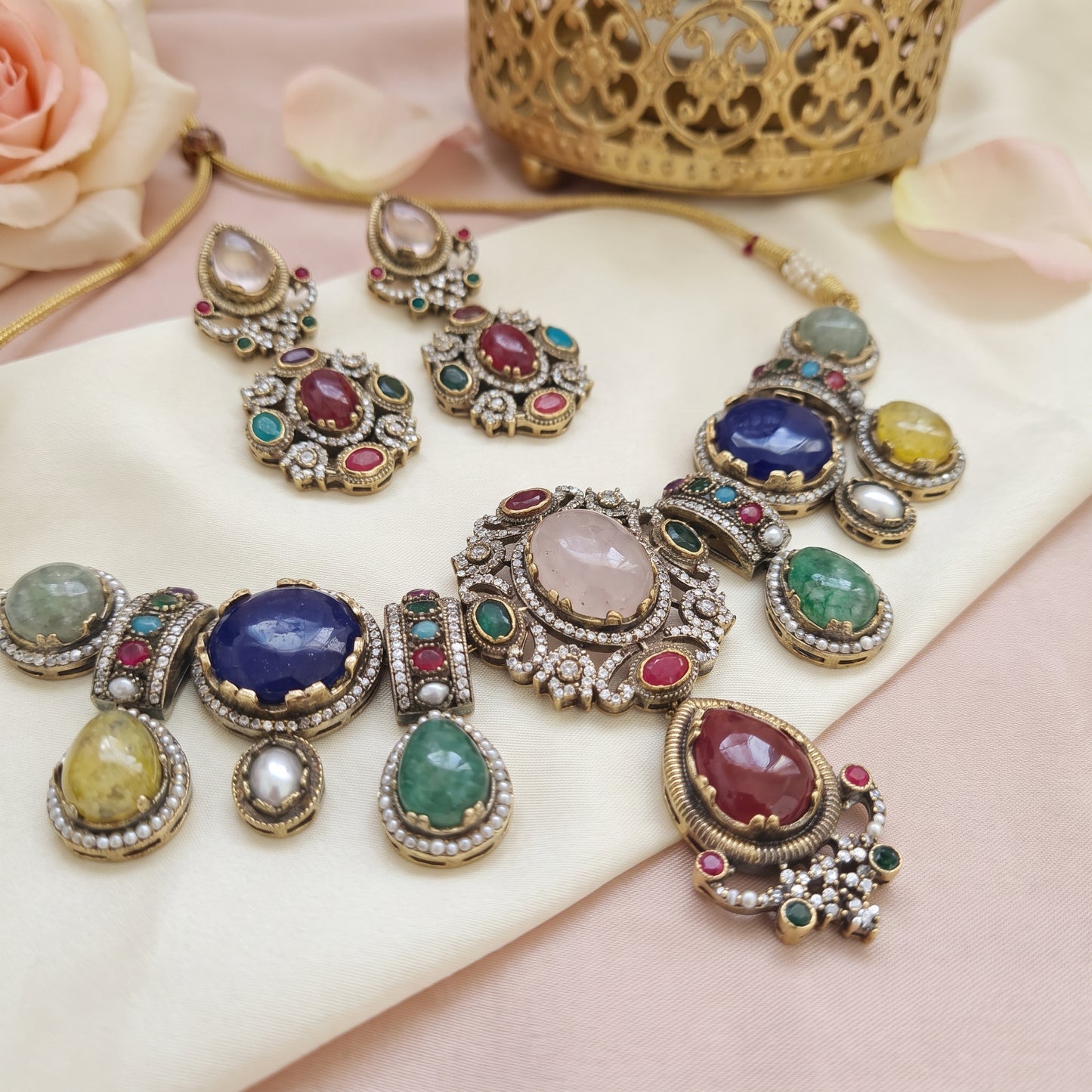 Amrita · Multi · stone Antique Gold Set | Allure Jewelry by Rushi