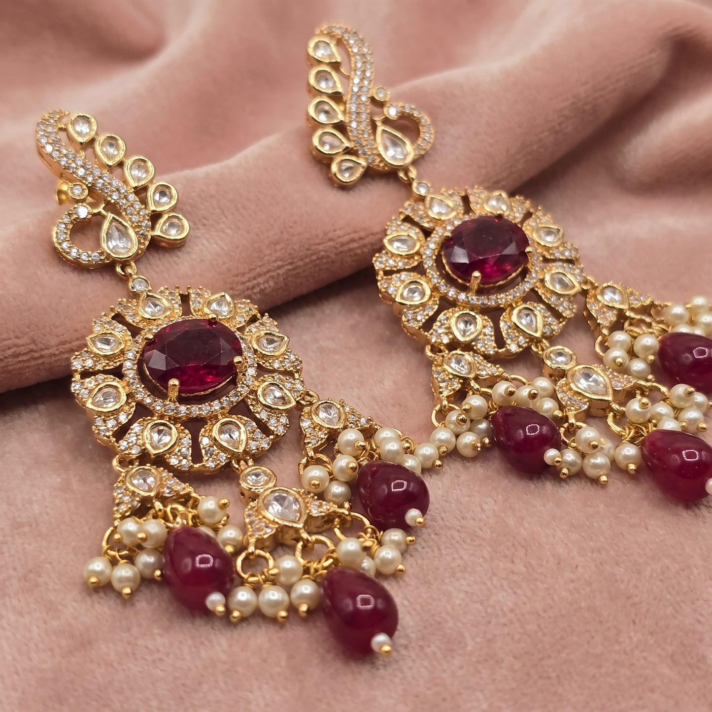Navya · Gold Kundan Ruby Pearl Earrings | Allure Jewelry by Rushi