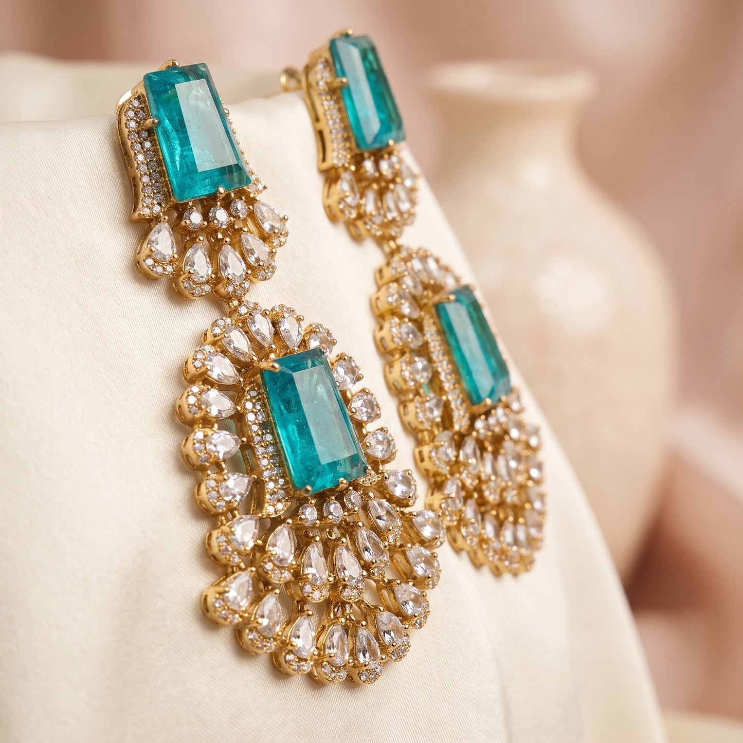 Neha · Teal AD Chandelier Earrings | Allure Jewelry by Rushi