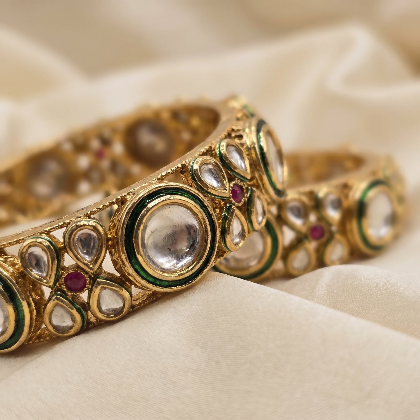 Wania · Gold Kundan Green Enamel Bangles | Allure Jewelry by Rushi