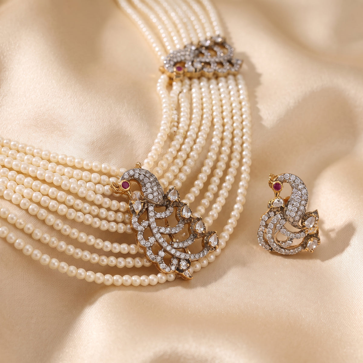 Simran · Pearl AD Necklace Set — studio detail | Allure Jewelry by Rushi