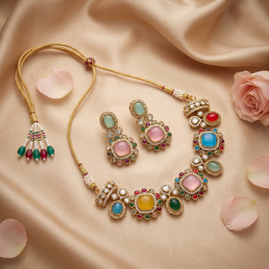 Jia · Multi · Color Kundan AD Necklace Set — studio detail | Allure Jewelry by Rushi