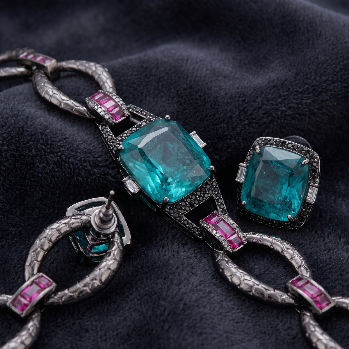 Anaya · Gunmetal Teal Ruby AD Necklace Set — studio detail | Allure Jewelry by Rushi
