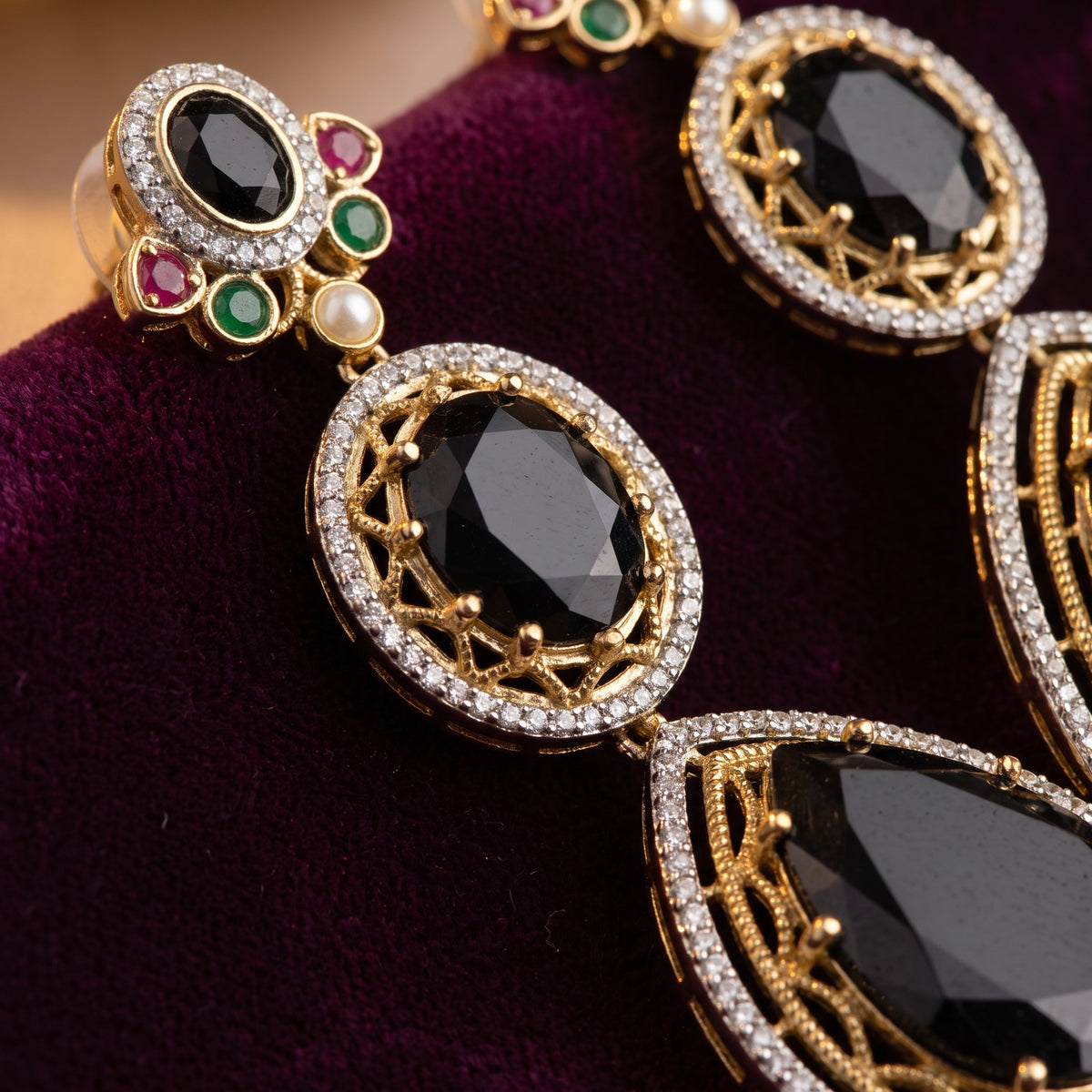 Mehak · Black Stone AD Drop Earrings — studio detail | Allure Jewelry by Rushi