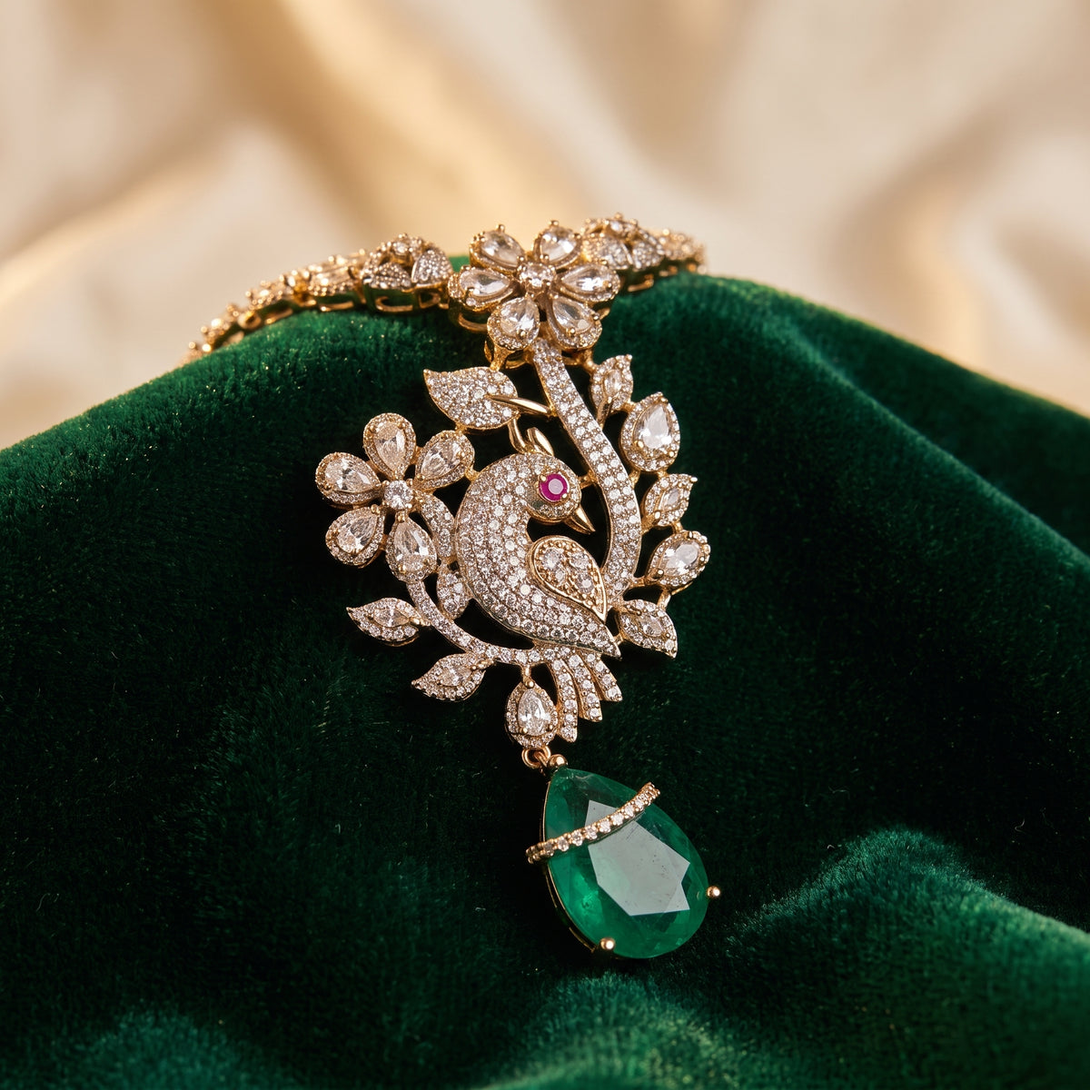 Rubab · Emerald AD Peacock Necklace Set — studio detail | Allure Jewelry by Rushi