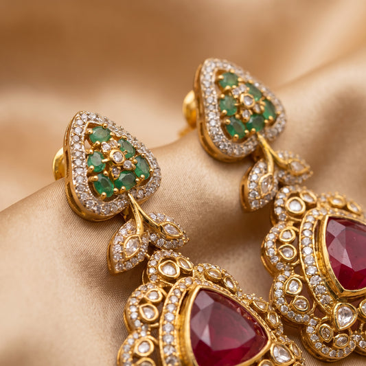 Trisha · Ruby Emerald Kundan Drop Earrings — studio detail | Allure Jewelry by Rushi