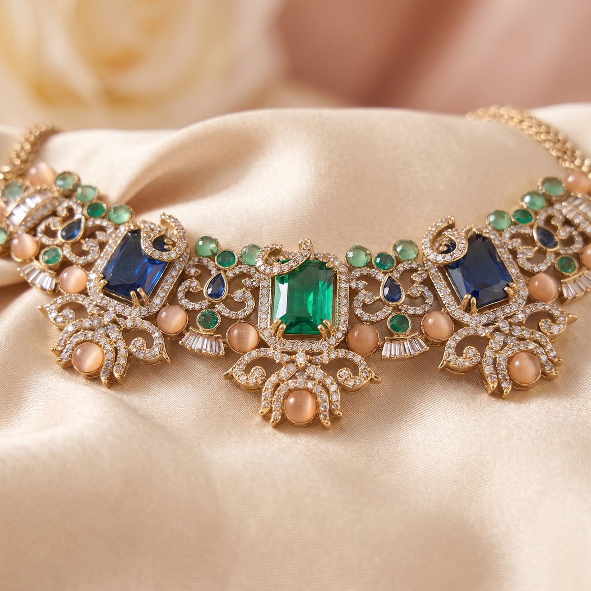 Mahira · Emerald Blue AD Necklace Set — studio detail | Allure Jewelry by Rushi