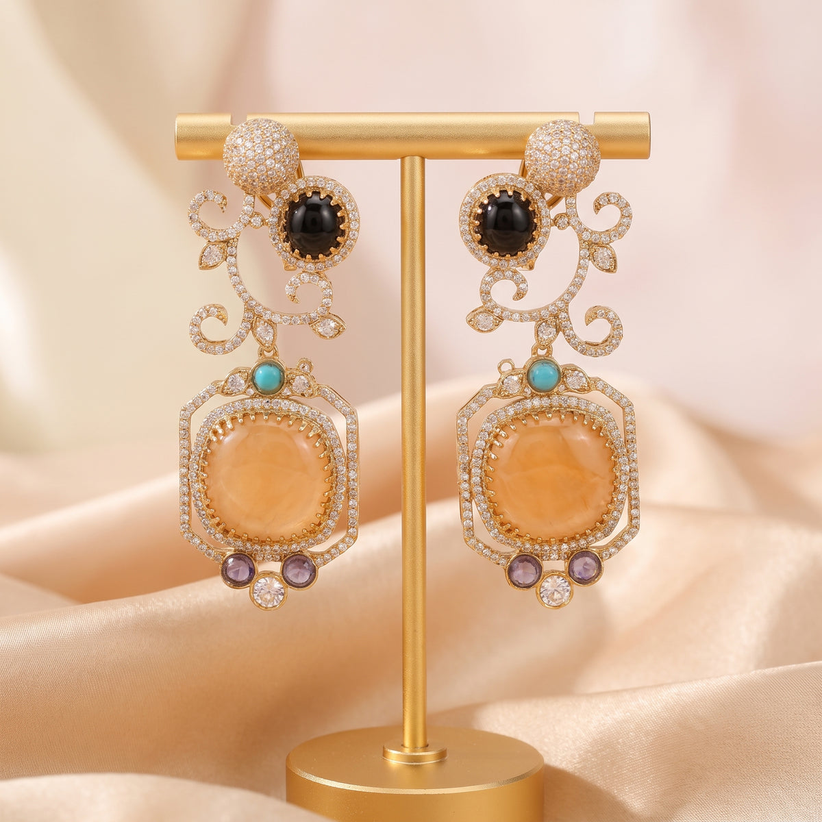 Zoya · Peach Black AD Dangle Earrings — studio detail | Allure Jewelry by Rushi